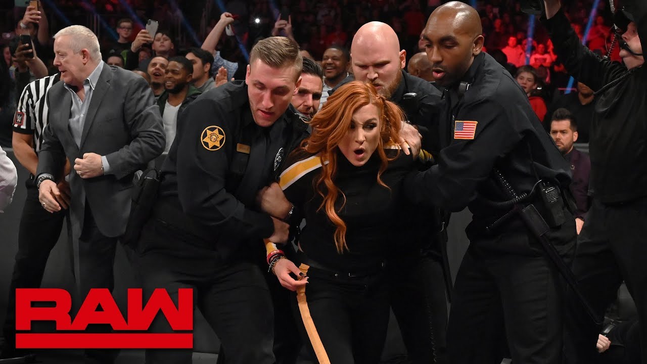 Image result for Becky Lynch Interferes In Ronda Rousey's Match On WWE RAW, The Man Gets Arrested, Ronda Demands Becky Be Put Back In WrestleMania 35 Title Match